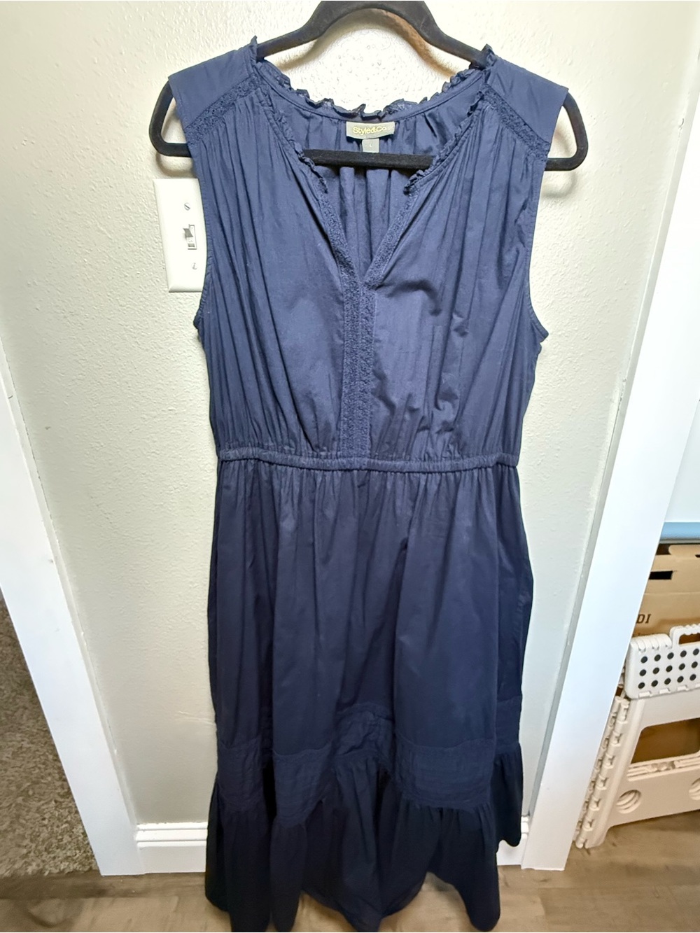 Style & Co Navy Blue Sleeveless Midi Dress Size Large Ruffle Boho